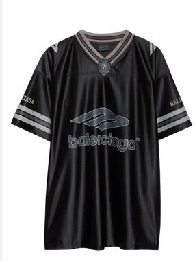 Balenciaga Black Jersey Shirt with Silver Logo and Stripes